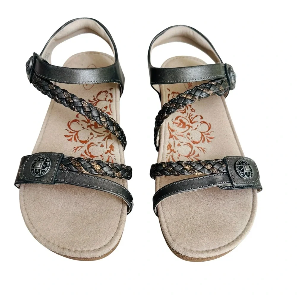Aetrex Jillian Women’s Leather Comfort Sandals Black Braided Arch Support US 8.5